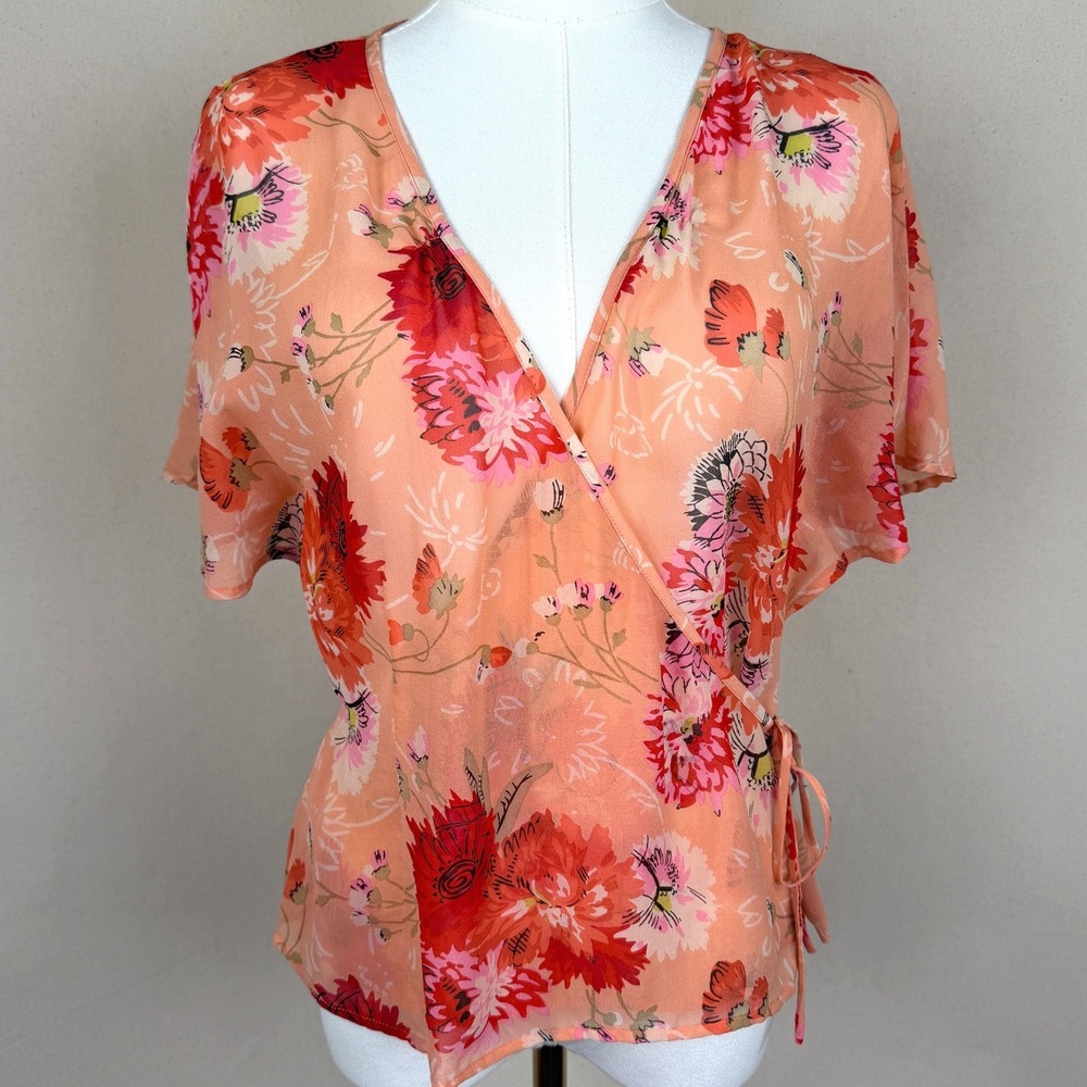 Monsoon Silk Artsy Floral Wrap Top Y2K Boho Romantic European Summer Size 6/S